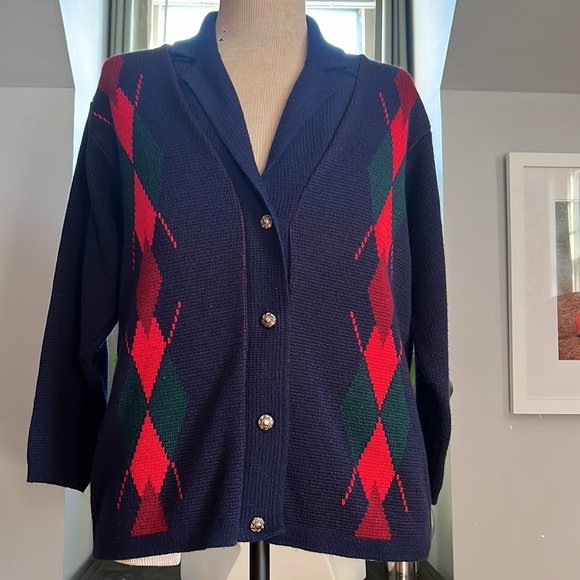 Pitlochry Wool Blend Cardigan Made in Scotland Navy Green Plaid Size Large - Picture 5 of 15